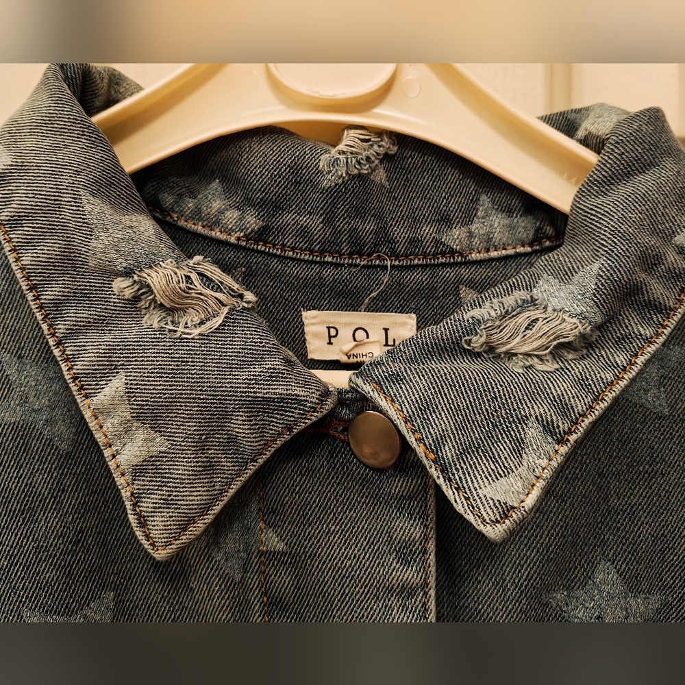 POL Stars Denim Button Distressed Crop Denim Jacket. - Picture 7 of 13